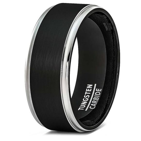 Men's Wedding Band - Black Brushed Silver Stripe Ring for Men - Wedding Rings - Picture 1 of 5